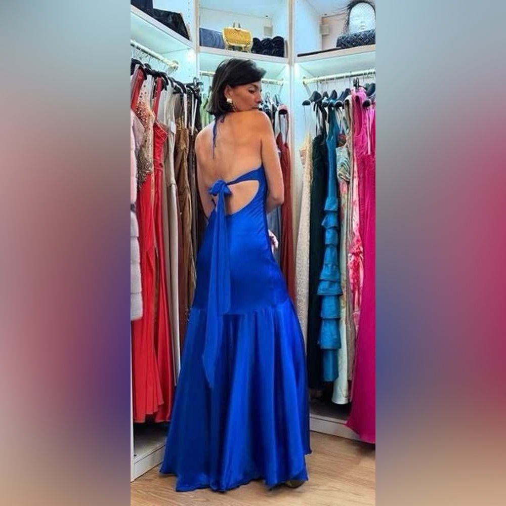 Cache Vintage Royal Blue V-Neck Silk Evening Floor Length Dress 4 Four Y2K - Picture 2 of 11